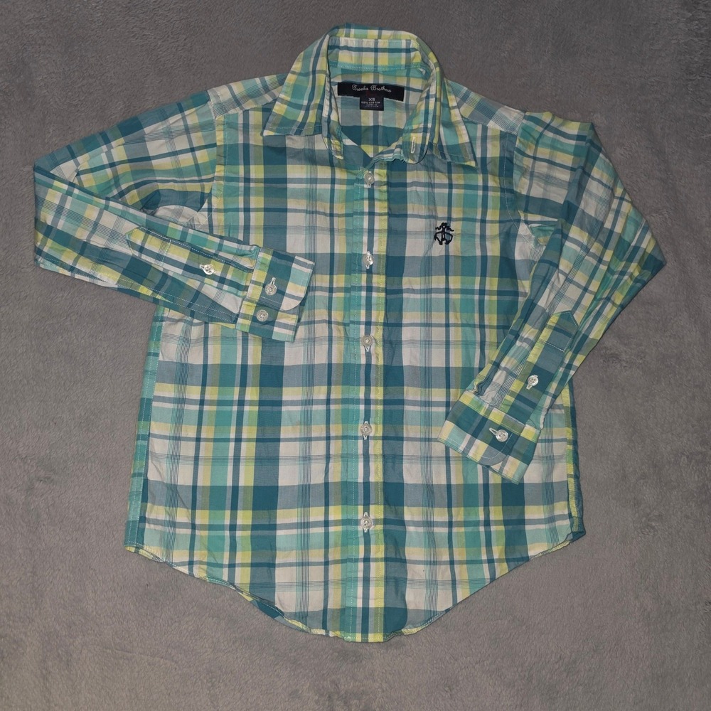Brooks Brothers Fleece Youth XS Plaid Button Down Shirt Turquoise Green Cotton